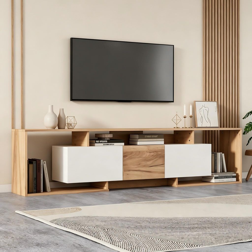 Merax TV-Schrank mit Klapptüren und Drehtür, TV Lowboard mit 3 offene Lagerflächen, TV Board Push-to-Open für 85 Zoll, 6 Fächer, Holzoptik + ...
