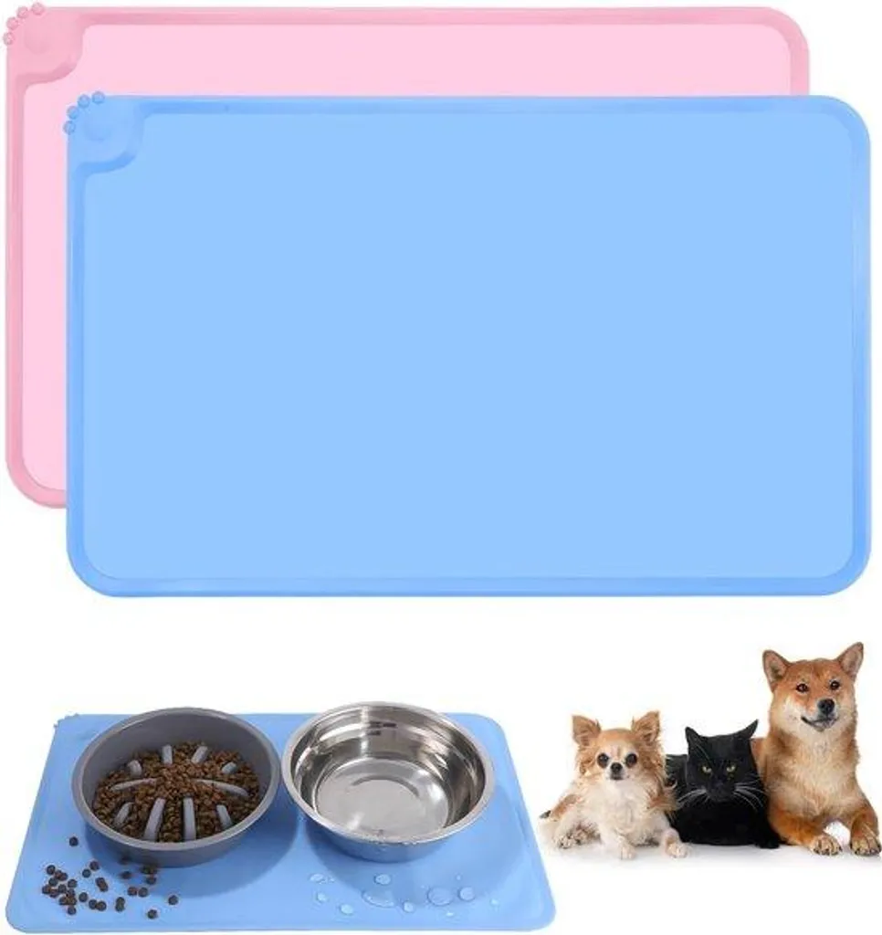 Gamelles en silicone antidérapantes rose et bleu pour chien - 48x30 cm