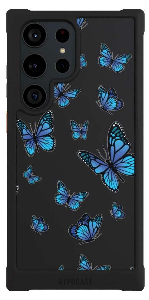 NIVOCASE Hülle für Samsung Galaxy S23 Ultra Stoßfeste Handyhülle NIVOmax Case Schwarz Muster Schmetterling transparent