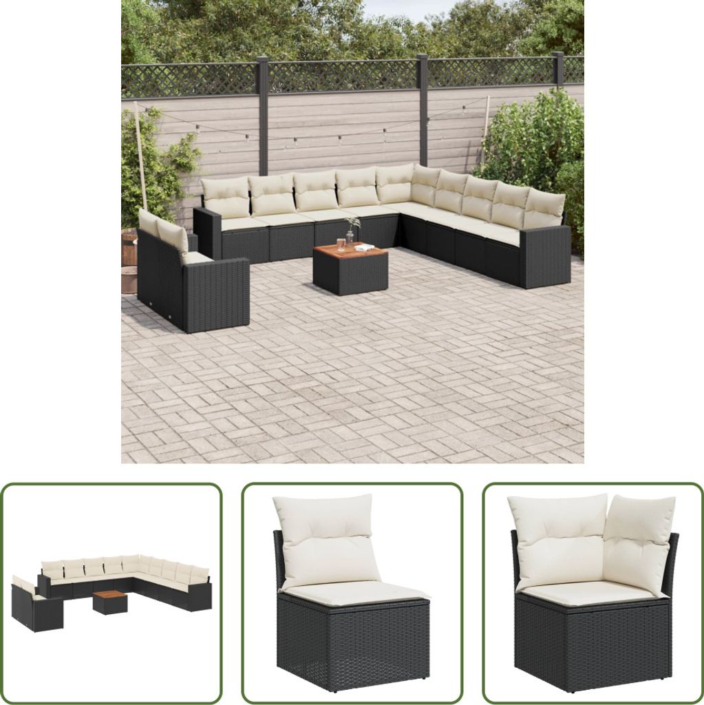 The Living Store 12-tlg. Garten-Sofagarnitur mit Kissen Schwarz Poly Rattan