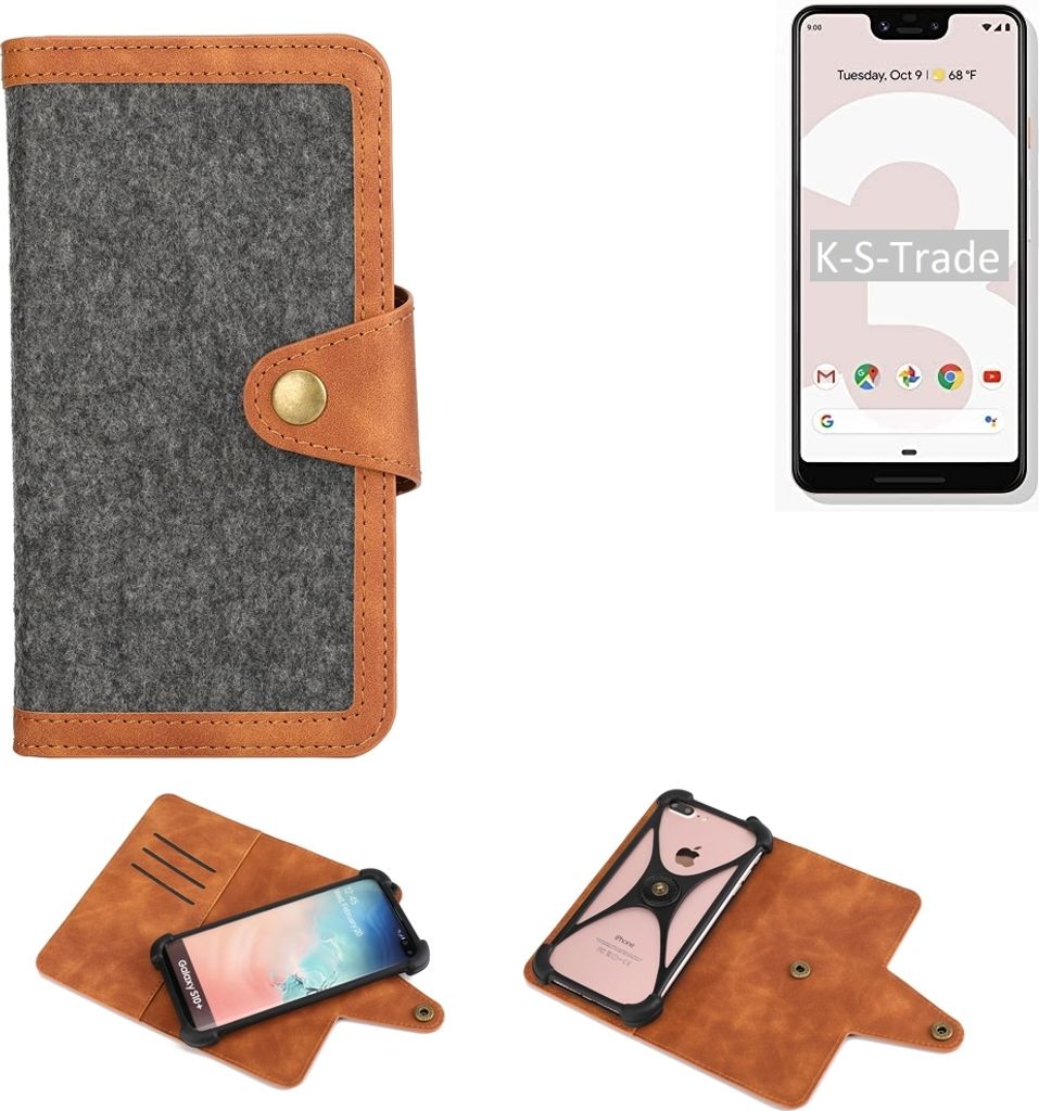 K-S-Trade Schutzhülle Handyhülle kompatibel mit Google Pixel 3 XL Filz Hülle Kunst-Leder dunkelgrau braun (1x)