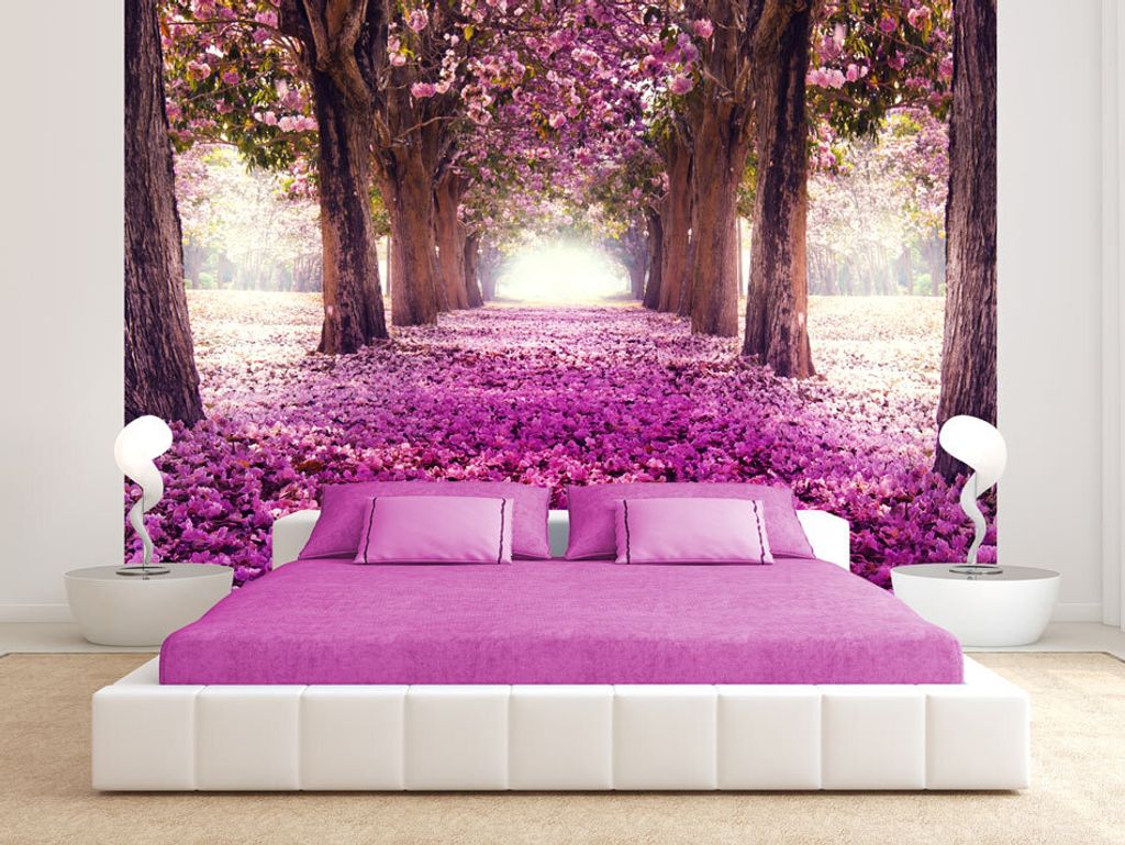 Vlies Fototapete Weg 350x256 cm Tapeten Wandtapete XXL Blumen Bäume rosa braun c-A-0031-a-d