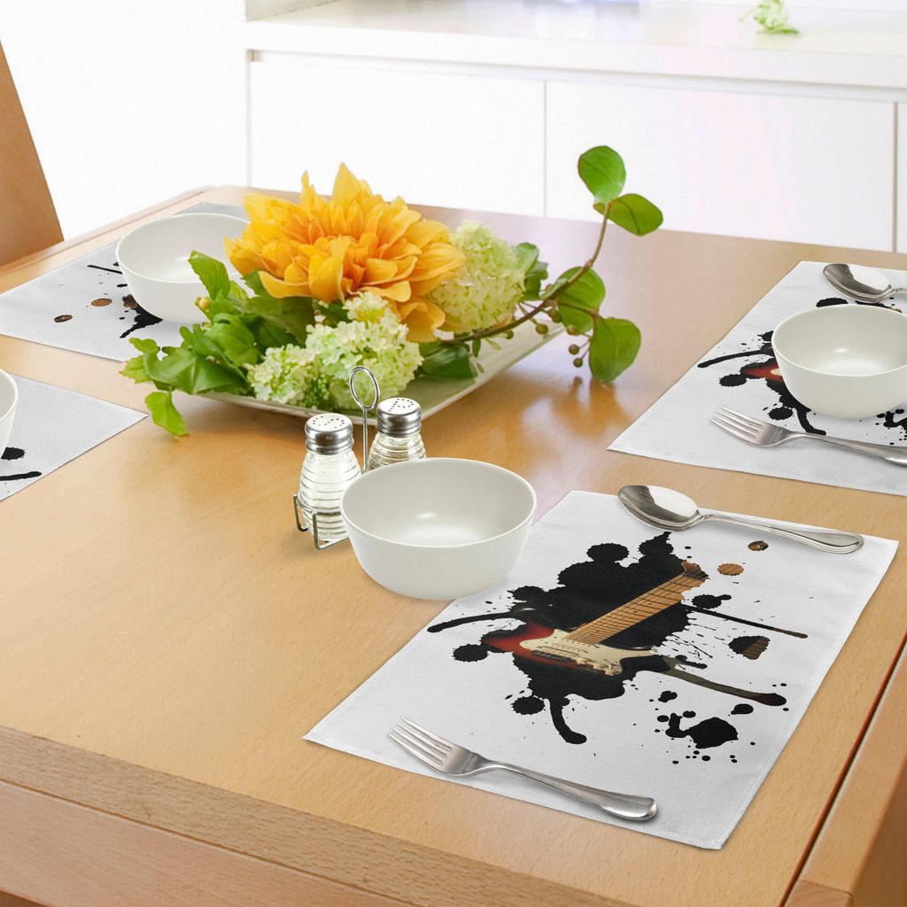 ABAKUHAUS Popstar-Party Platzmatten, E-Gitarre Griffbrett auf schwarzer Grungy Farbe spritzt Kunst, Tiscjdeco aus Farbfesten Stoff für das Esszimm...