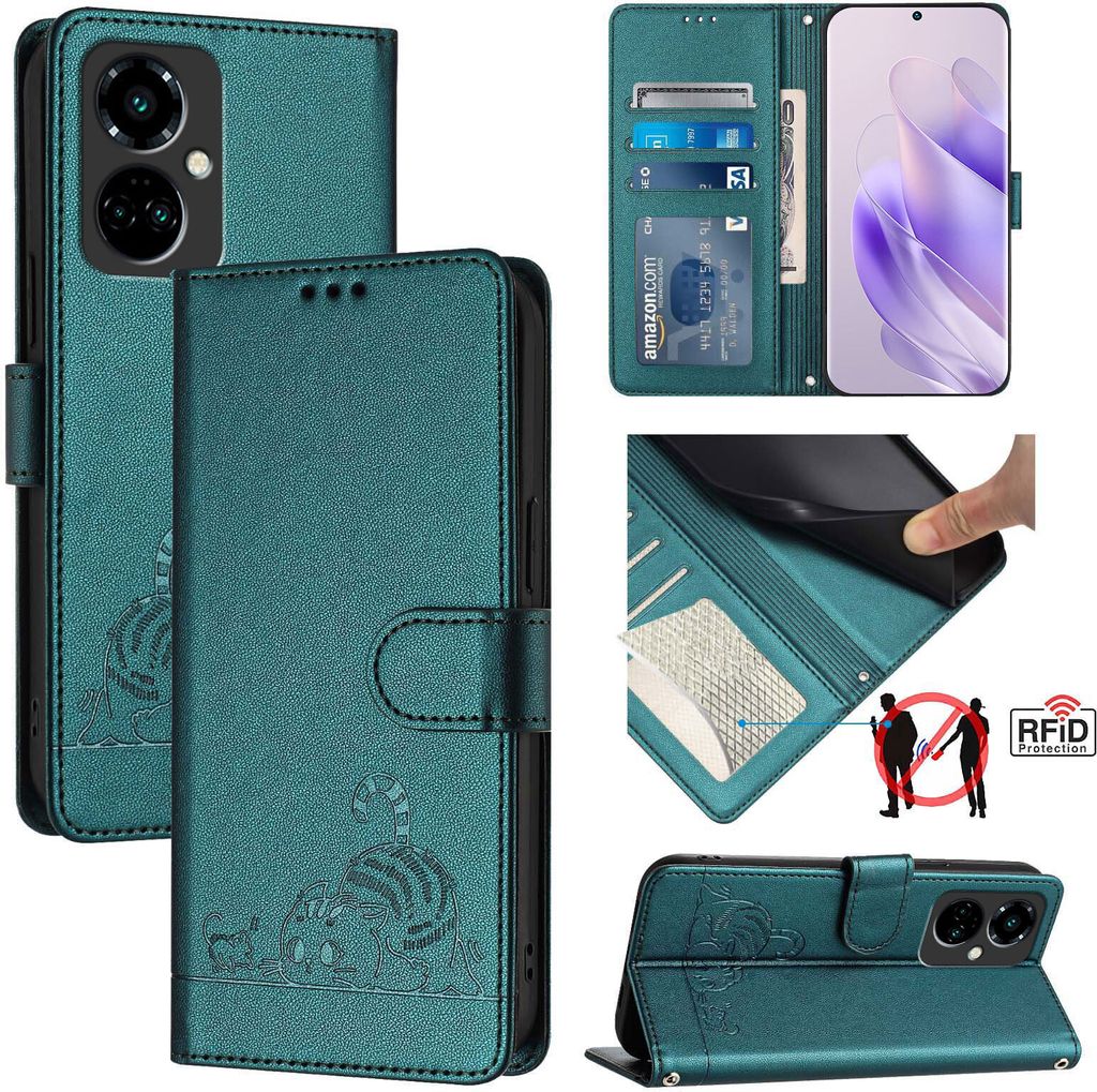 Leder Hülle für Tecno Camon 19 Pro 5G Süße Katze Flip Case Brieftasche Schutzhülle mit Standfunktion Grün