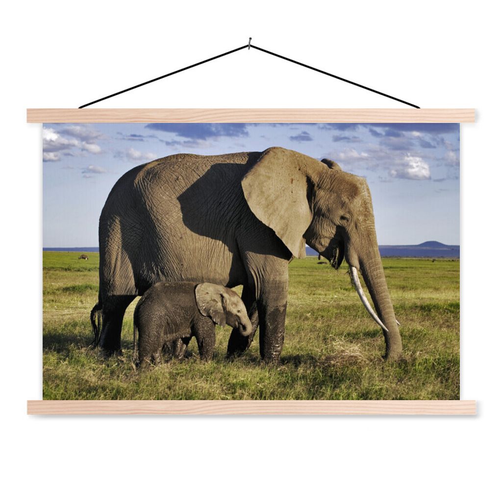 MuchoWow Textilposter Elefant - Tiere - Grasland - Grün - Grau 60x40 cm mit holzfarbenen Rahmen - Bilder