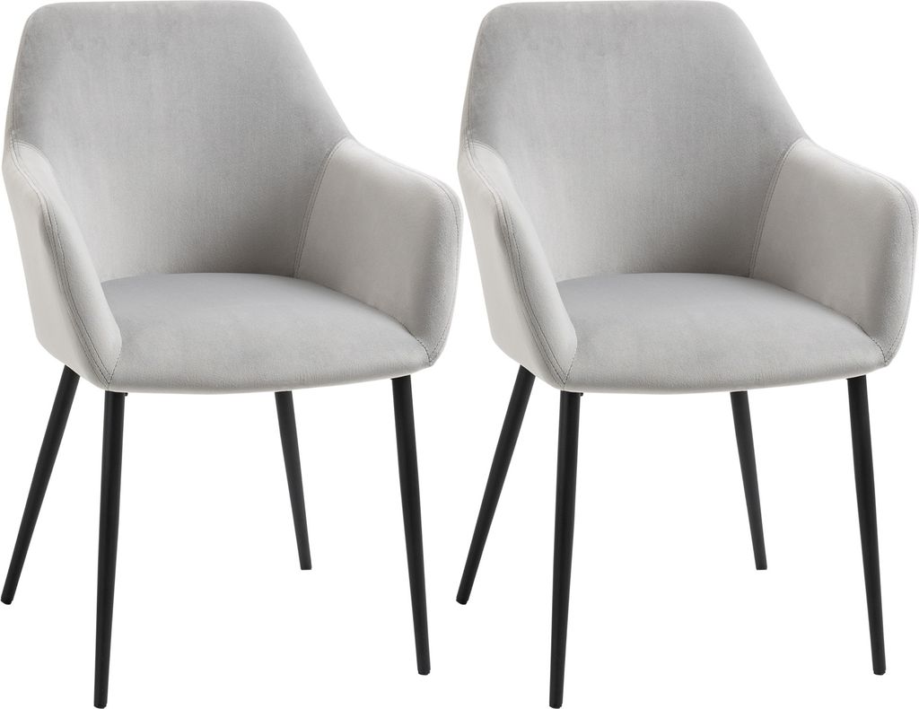 Two light gray upholstered chairs with black legs are shown against a white background.