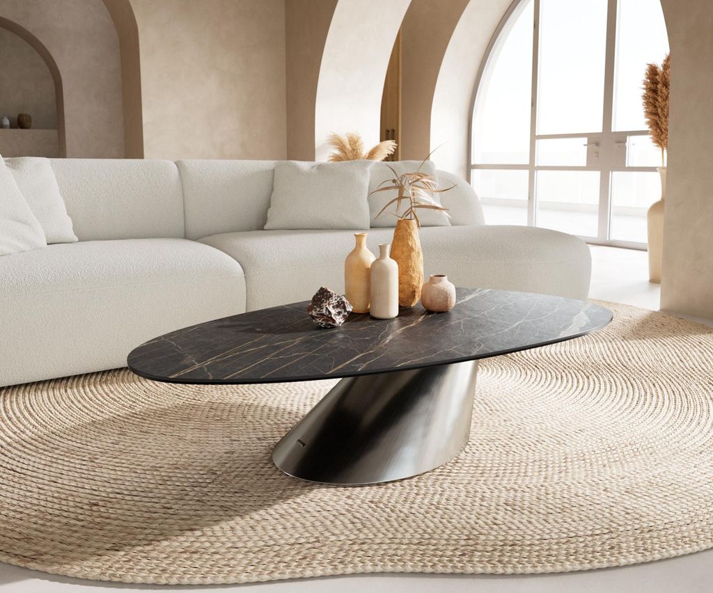 DELIFE Couchtisch Edge Oval 140x75 cm Keramik Laminam Noir Desir Braun Conis Edelstahl gebürstet