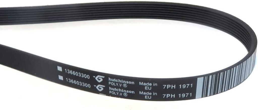 A black serpentine belt with white text and a barcode printed on it, isolated on a white background.