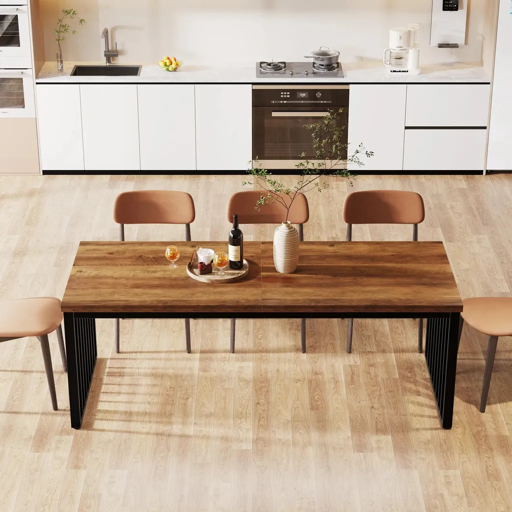 Table industrielle stable et robuste 180 cm bois chocolat noir