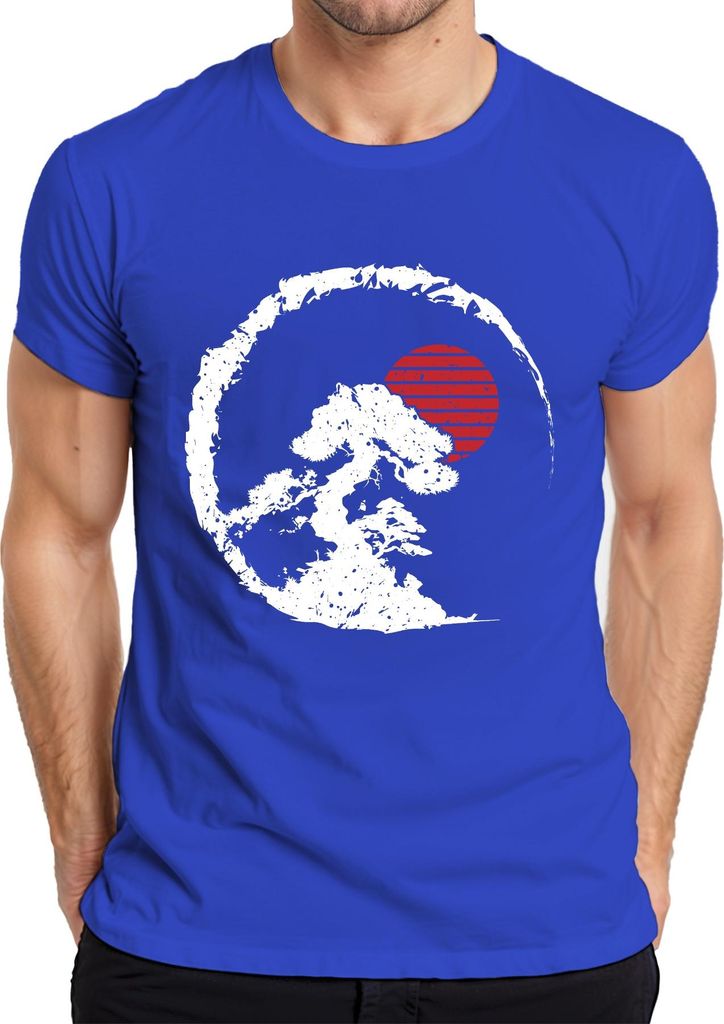 Bonsai Baum Zen Japan Enso Kreis Rote Sonne Vintage Retro Grunge Herren T-Shirt, Blau, S