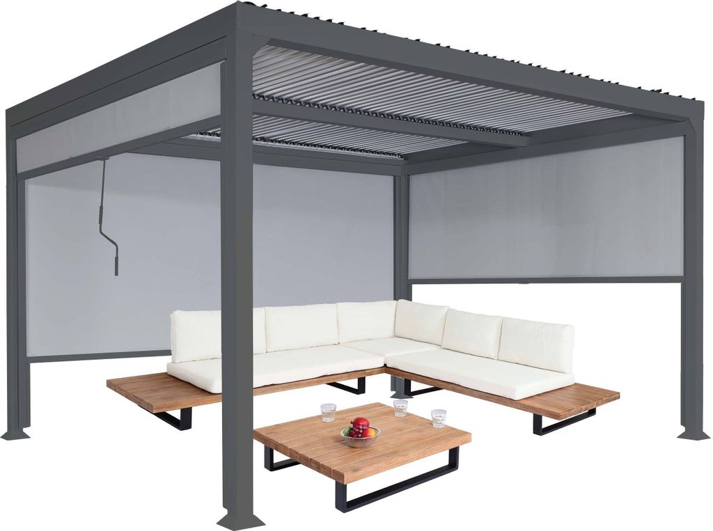 Alu Pergola HWC-L41 mit 3x Seitenwand, Lamellen-Pavillon, stabiles 8cm-Metall-Gestell 3x3,7m anthrazit