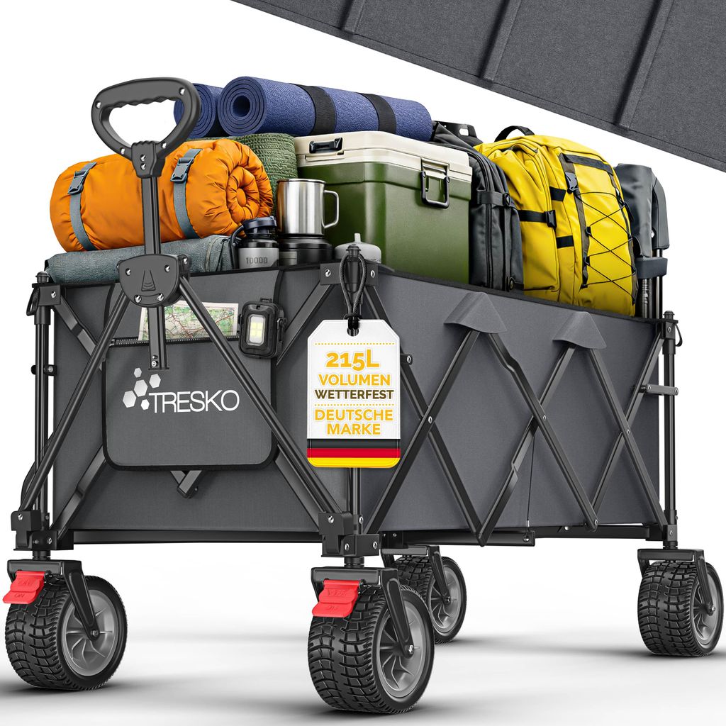TRESKO Bollerwagen faltbar 215L mit Bremse | Handwagen klappbar 150kg inkl. Vollgummireifen | Faltbarer Strandwagen Extra Breite All-Terrain-Räd...