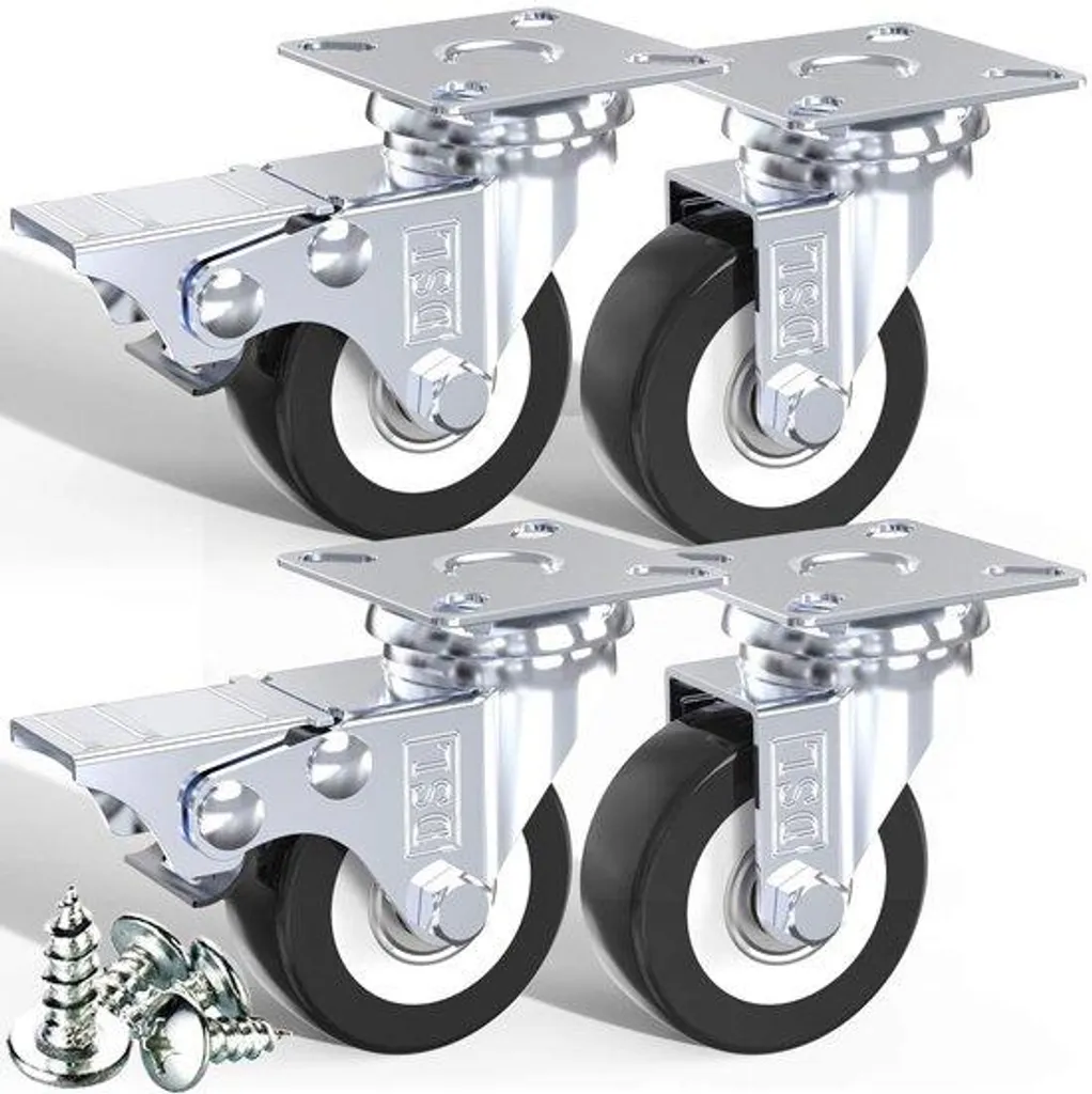 Roulettes doubles 50 mm en PU robuste avec frein - Lot de 4 pivots
