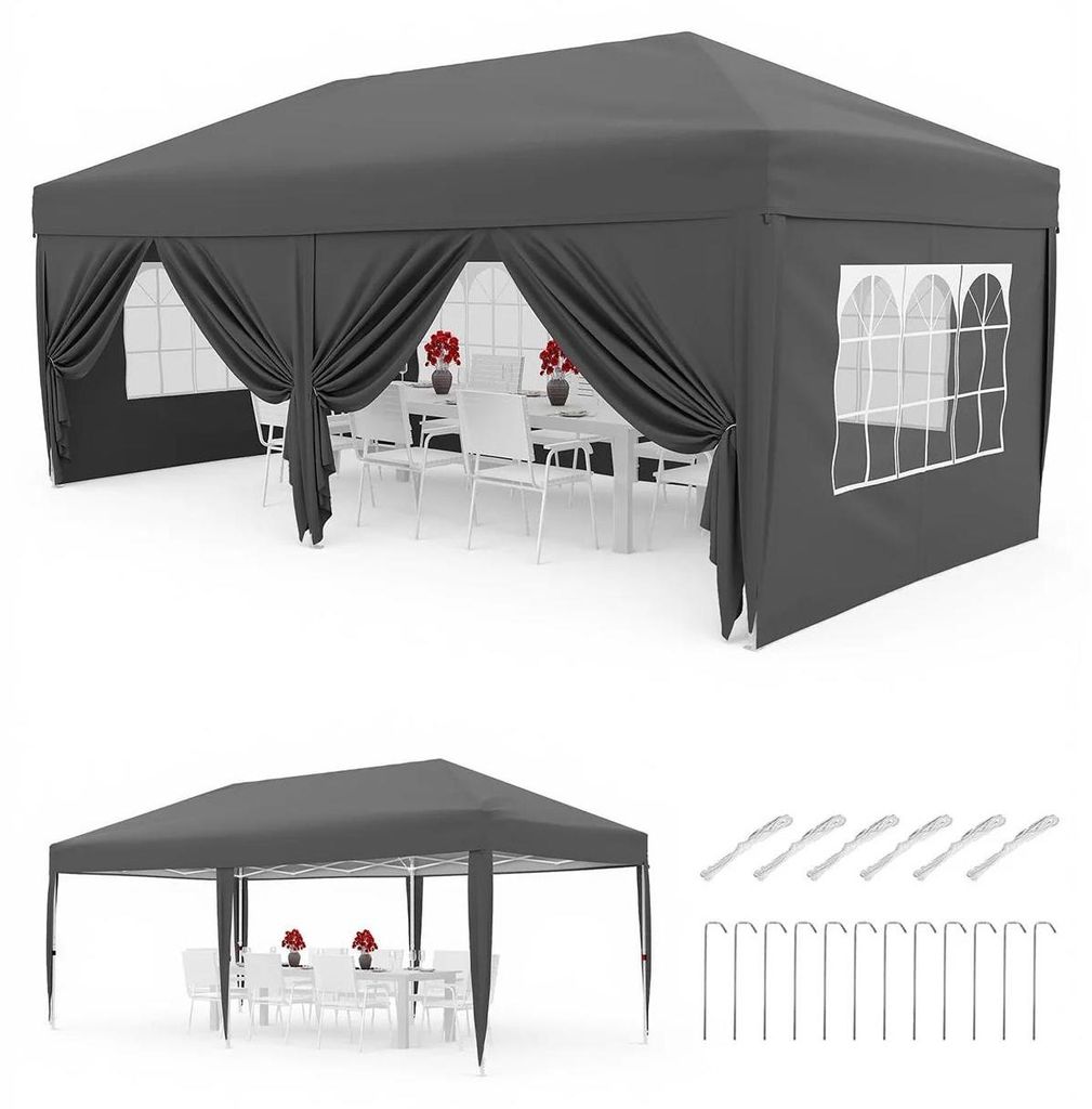 Faltpavillon 3x6 m - Partyzelt - 6 Seitenwände - Schwerlast - Wasserdicht - Höhenverstellbar - Transporttasche mit Rollen - Grau