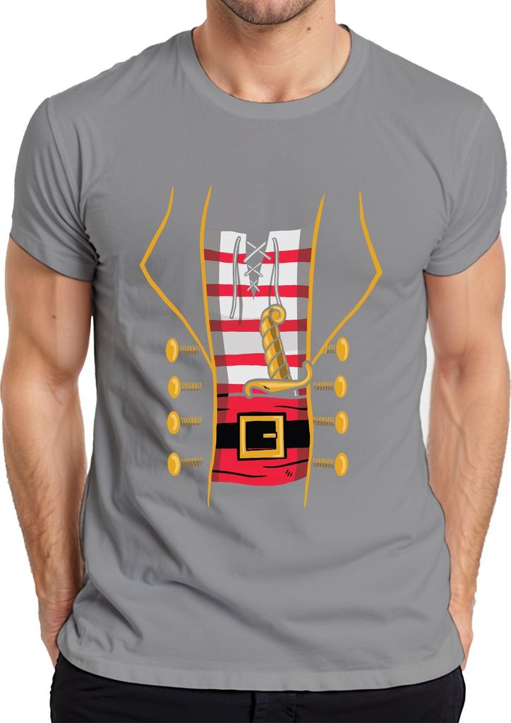 Pirat Korsar Säbel Gürtel gestreift Knöpfe Karneval Vintage Herren T-Shirt, Grau, XL