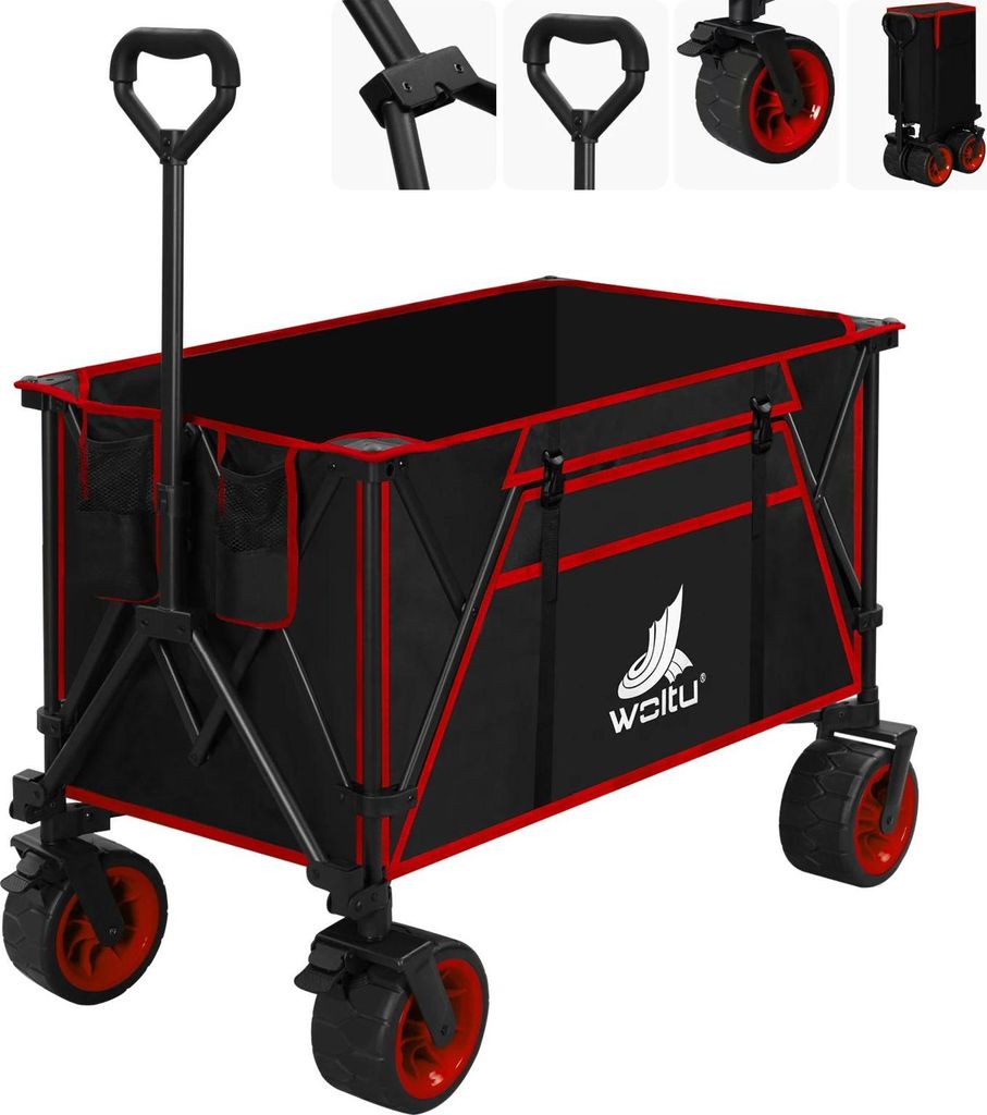 Transportwagen - Klappbarer Bollerwagen - Mit Bremsen - All-Terrain-Räder - Tragkraft 120 kg - Für Strand/Camping/Garten/Einkauf - Rot
