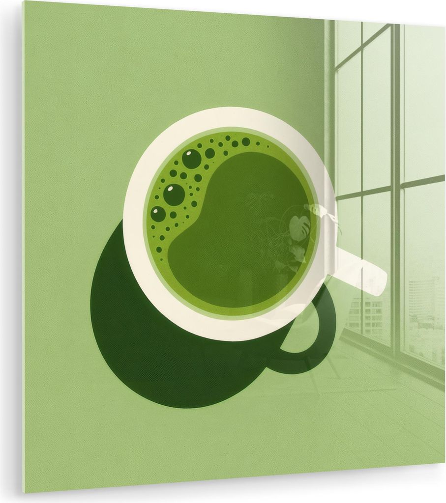 MuchoWow Glasbilder - Bilder auf Wandbild - Foto auf Glas Minimalistisch - Becher - Matcha -Grün 30x30 cm Wanddekoration aus Glas - Acrylglasbild ...