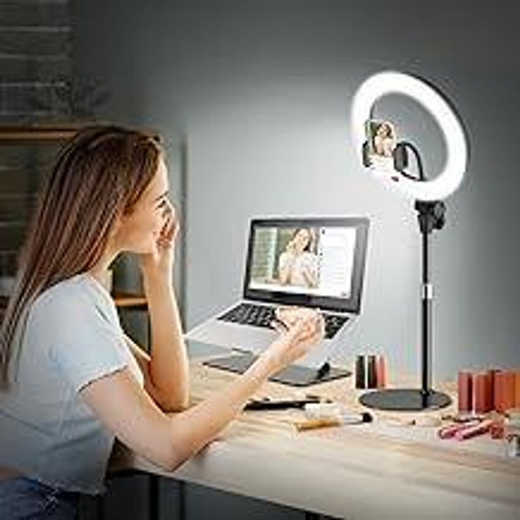 Ringlicht mit Stativ Handy Laptop Videokonferenz Licht,Evershop 10.5” Ring Light Ringleuchte LED 3 Lichtfarben+10 Helligkeiten 360°Drehbar Schre...