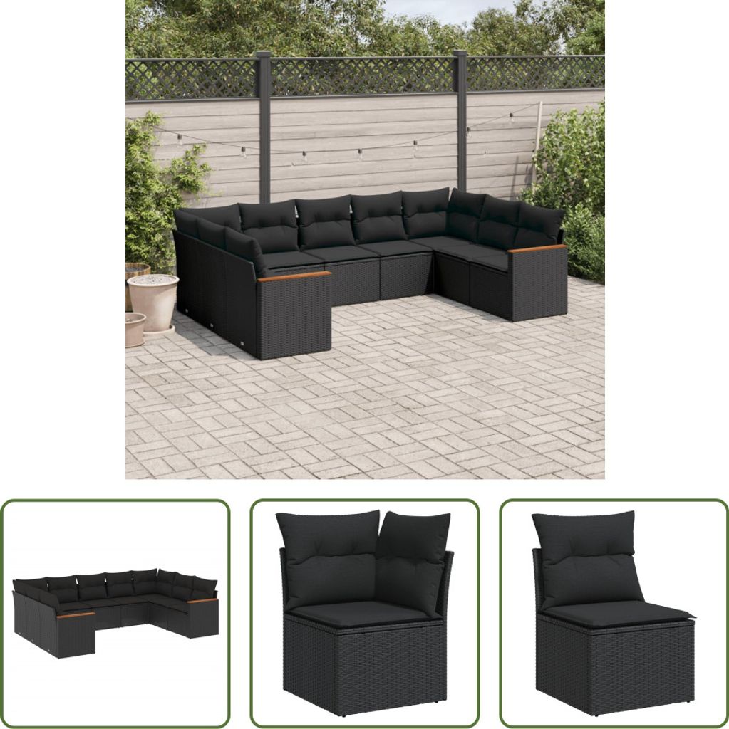 The Living Store 9-tlg. Garten-Sofagarnitur mit Kissen Schwarz Poly Rattan