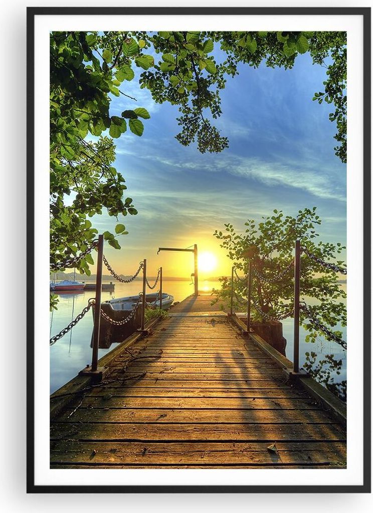 Gerahmtes Poster - Schwarzer Rahmen - See Sonnenuntergang Boot Landschaft - 70x100 cm - Wand Bild - Wanddeko - Wandbilder - Wandposter - Bilderrahm...