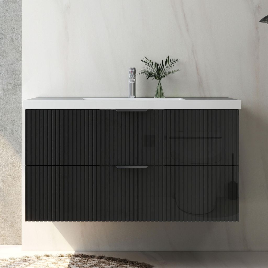 Waschtisch mit Unterschrank 100cm RIVA Badmöbel Set Hochglanz Schwarz Waschbecken mit Unterschrank Softclose