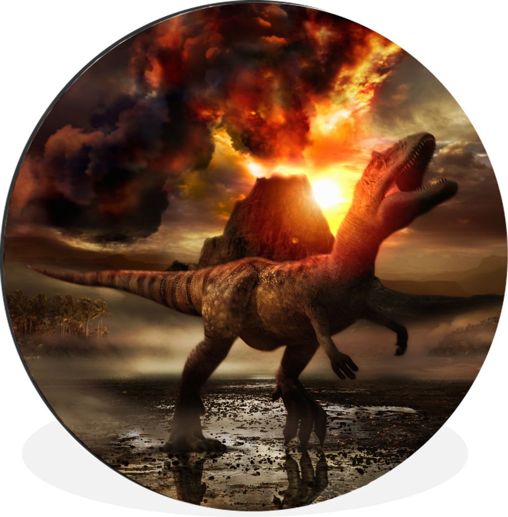 MuchoWow Aluminium Wandkreis Dinosaurier - Vulkan - Feuer Ø 90 cm Wanddeko Modern Wohnzimmer - Mauerkreis - Wandbilder - Runde Bild - Bild aus A...