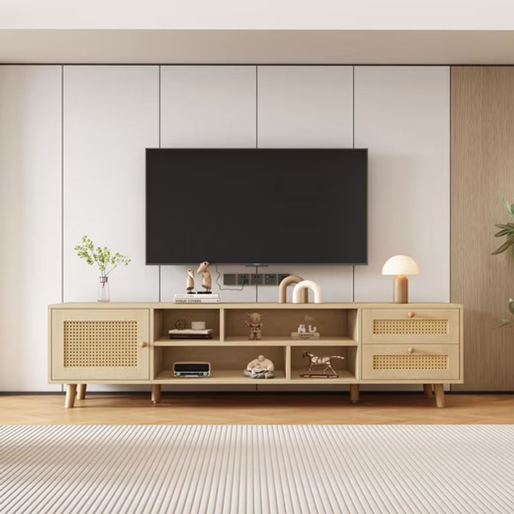 ODIKALO TV-Schrank TV-lowboard Unterschrank 160cm Rattan 70-Zoll-Fernseher 2 Schubladen