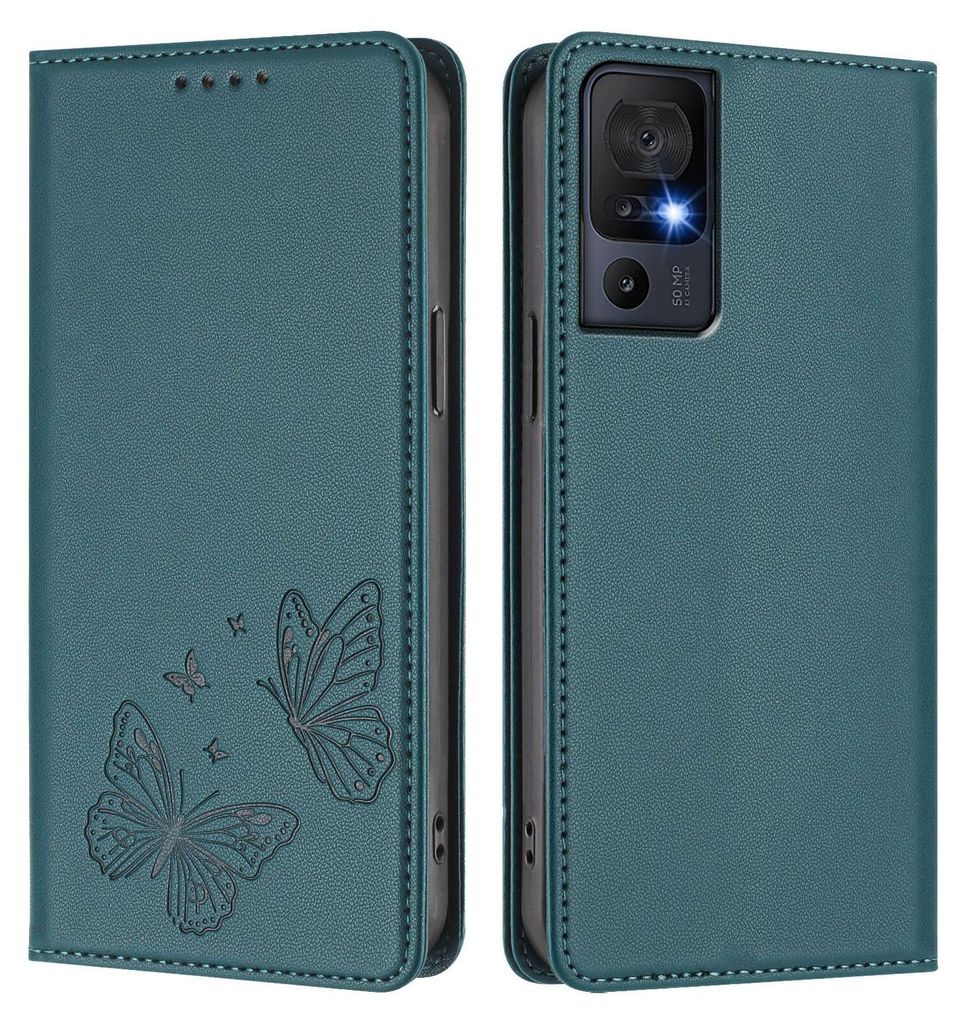 Lederhülle für TCL 40 SE, Schmetterling Prägung Leder Brieftasche Schutzhülle mit Ständer Grün