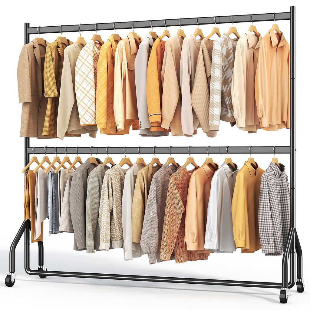 HOKEEPER Schwerlast Kleiderständer auf Rollen,Kleiderstange Doppelt Metall für Hängende Fahrbarer Klamotten Closet Garderobe Rack, 180x46x220cm