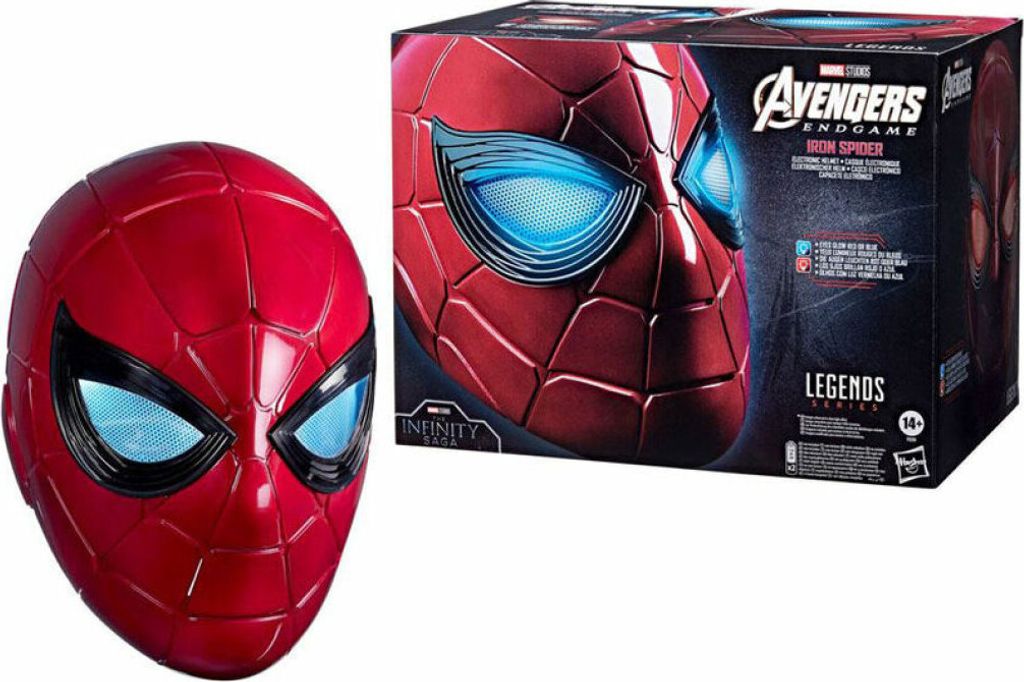 A Spider-Man mask and its packaging are displayed against a white background.
