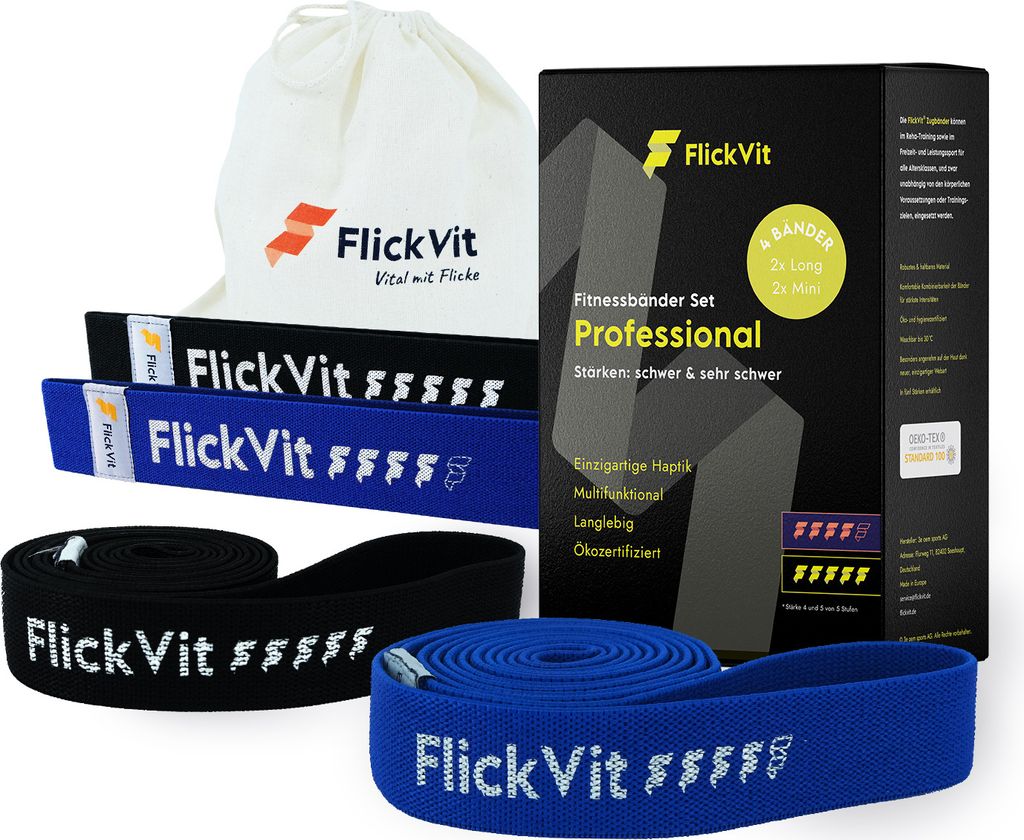 FlickVit Fitnessbänder Set- Professional (4 & 5), Fitnessband Stoff, Klimmzugband, Widerstandsbänder Set, Widerstandsband, Gummiband Sport, Terra...