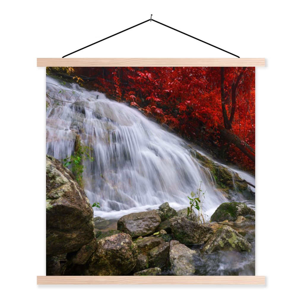 MuchoWow Textilposter Wasserfall - Felsen - Wasser - Herbst 60x60 cm mit holzfarbenen Rahmen - Wanddekoration