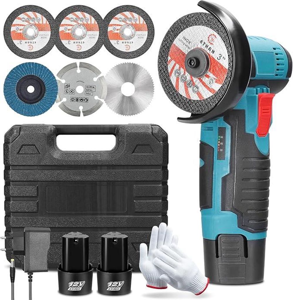 A collection of tools and accessories for a mini angle grinder, including the grinder itself, batteries, charger, case, gloves, and various cutting discs.