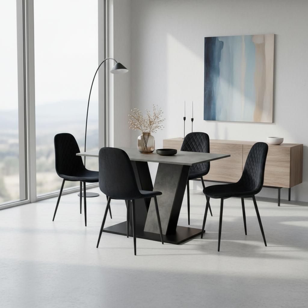 A dining room set with a table and four chairs, set in a modern, well-lit room with a large window and artwork on the wall.