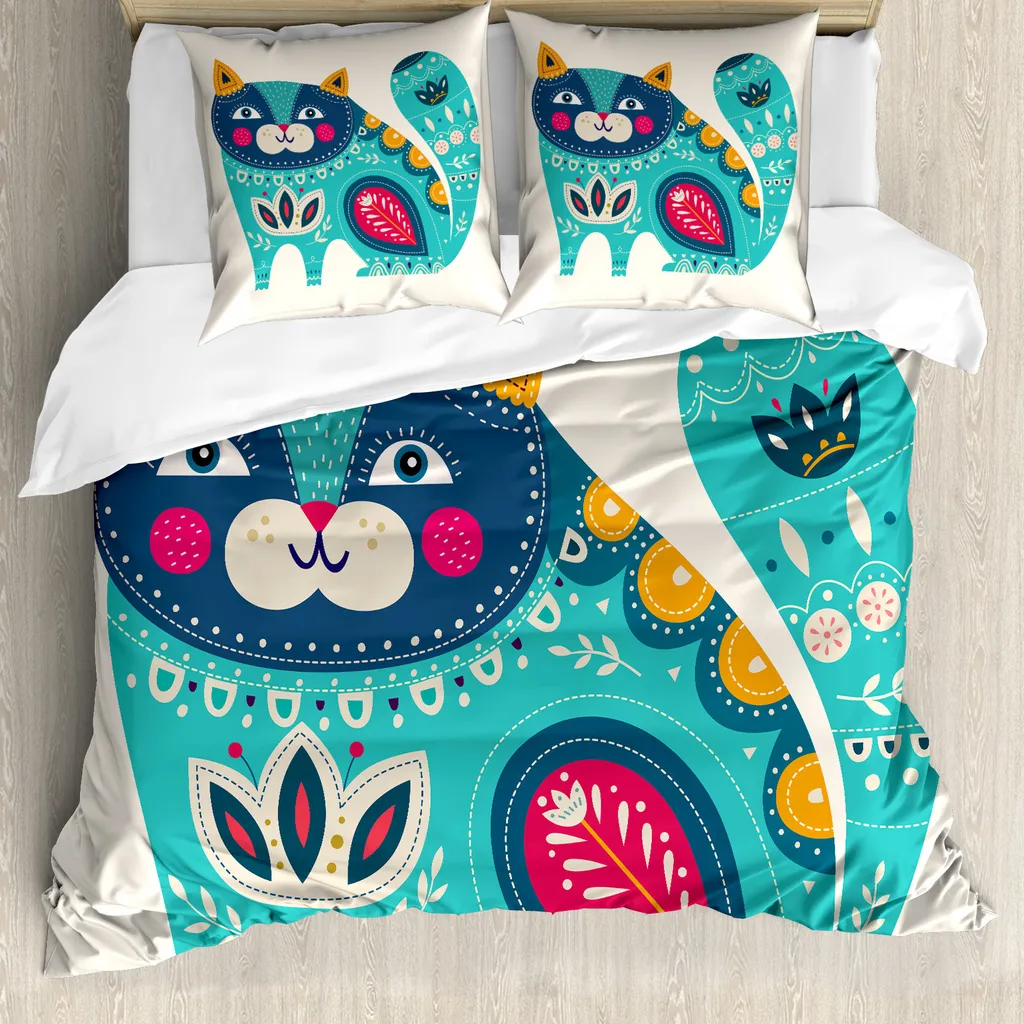 ABAKUHAUS Copripiumino per animali domestici, motivo paisley gatti e gattini, antiacaro, adatto a chi soffre di allergie, con federe, 155 cm x 220 cm - 80 x 80 cm, multicolore