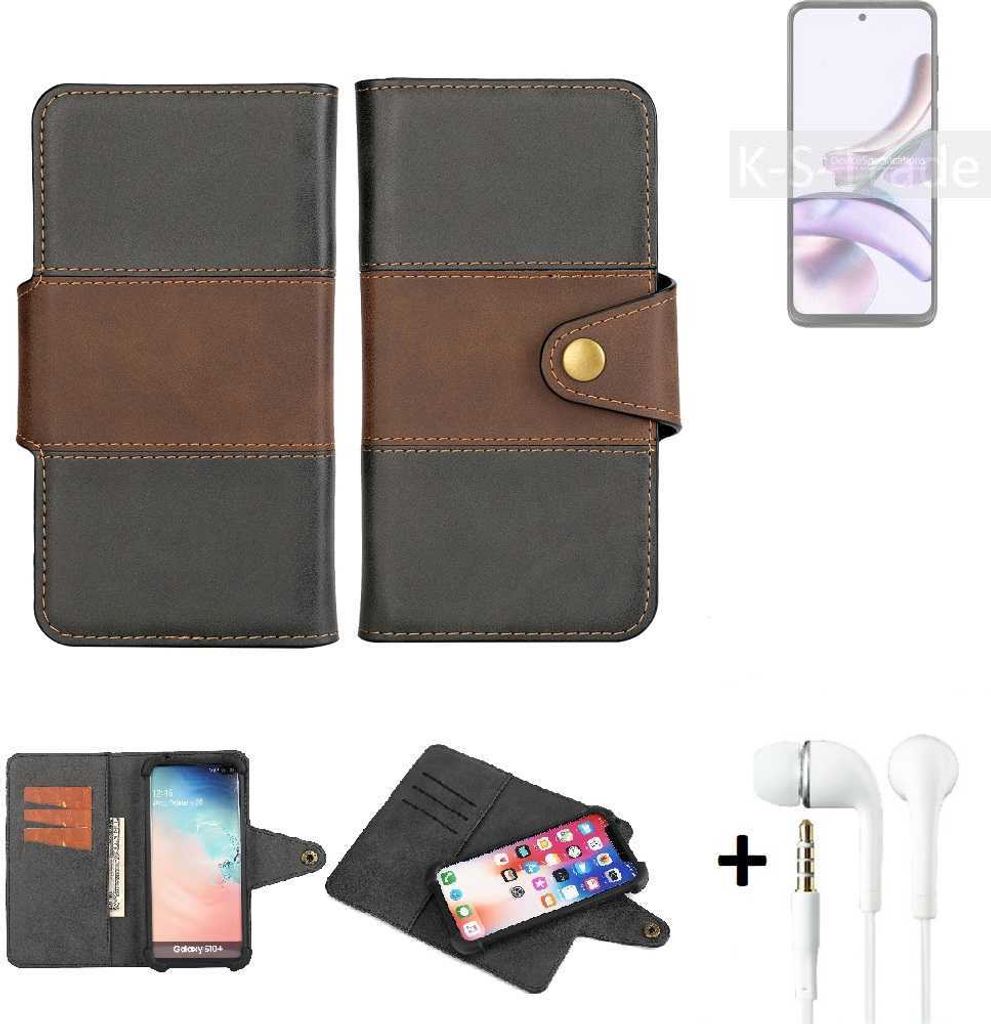 K-S-Trade Handyhülle Schutzhülle Bookstyle Wallet-Case kompatibel mit Motorola Moto G13 + earphones Bumper rundumschutz schwarz-braun 1x