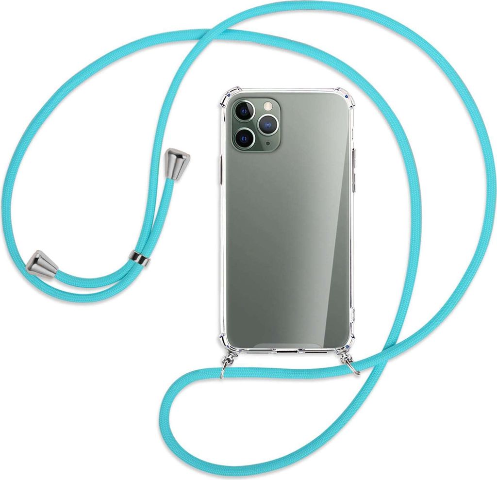 Handykette Backcover-Schutzhülle mit Band (Metall silberfarben) für Apple iPhone 11 Pro - türkis