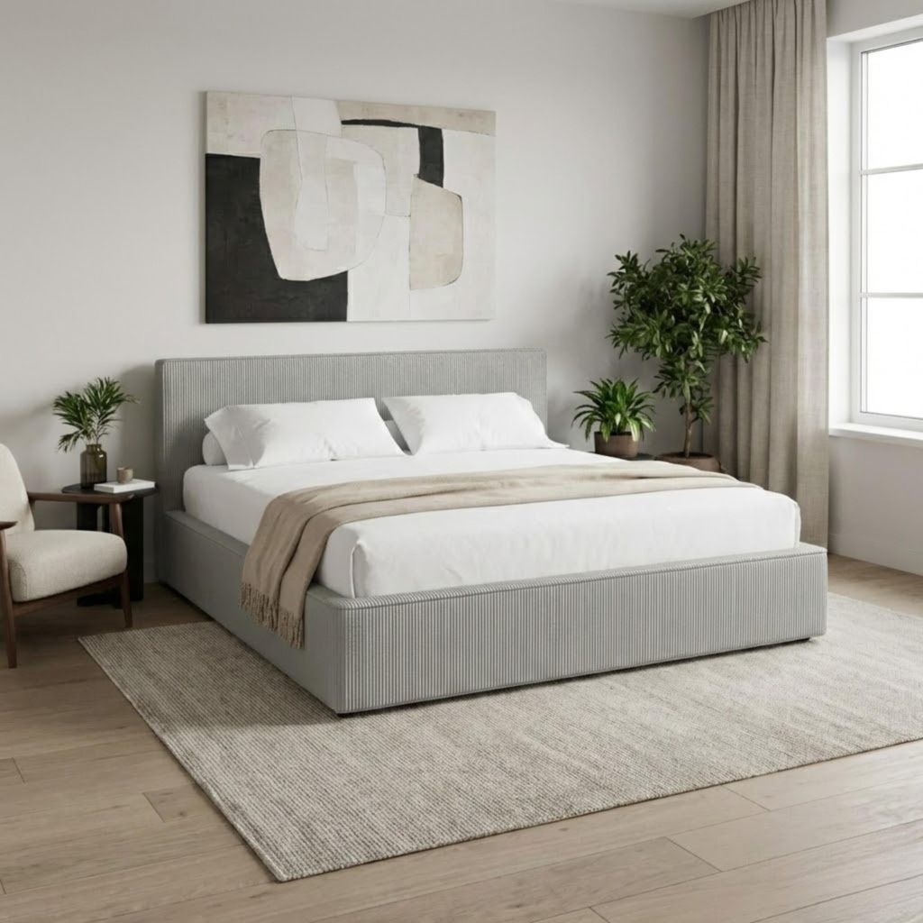 Polsterbett 180x200 - Grau - Hochwertiger Cord-Stoff - Modernes Doppelbett mit Bettkasten & Lattenrost - Stauraumbett mit Kopfteil für Schlafzimmer