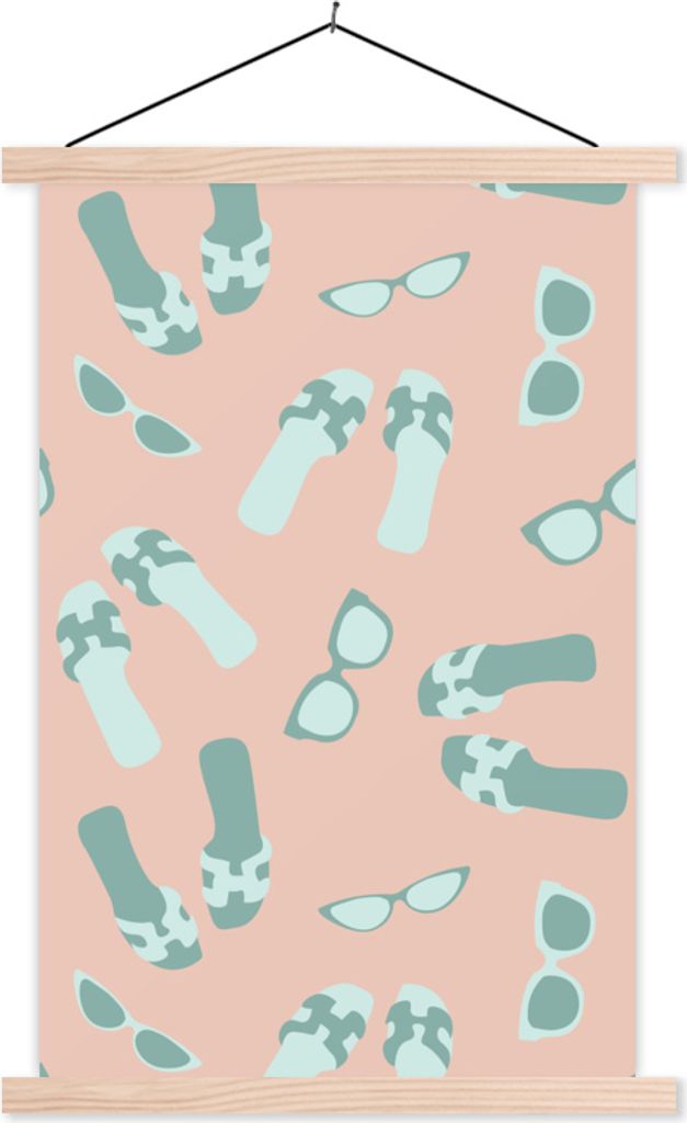 MuchoWow Textilposter Sommer - Flip-Flops - Rosa 120x180 cm mit holzfarbenen Rahmen - Textil-Plakat