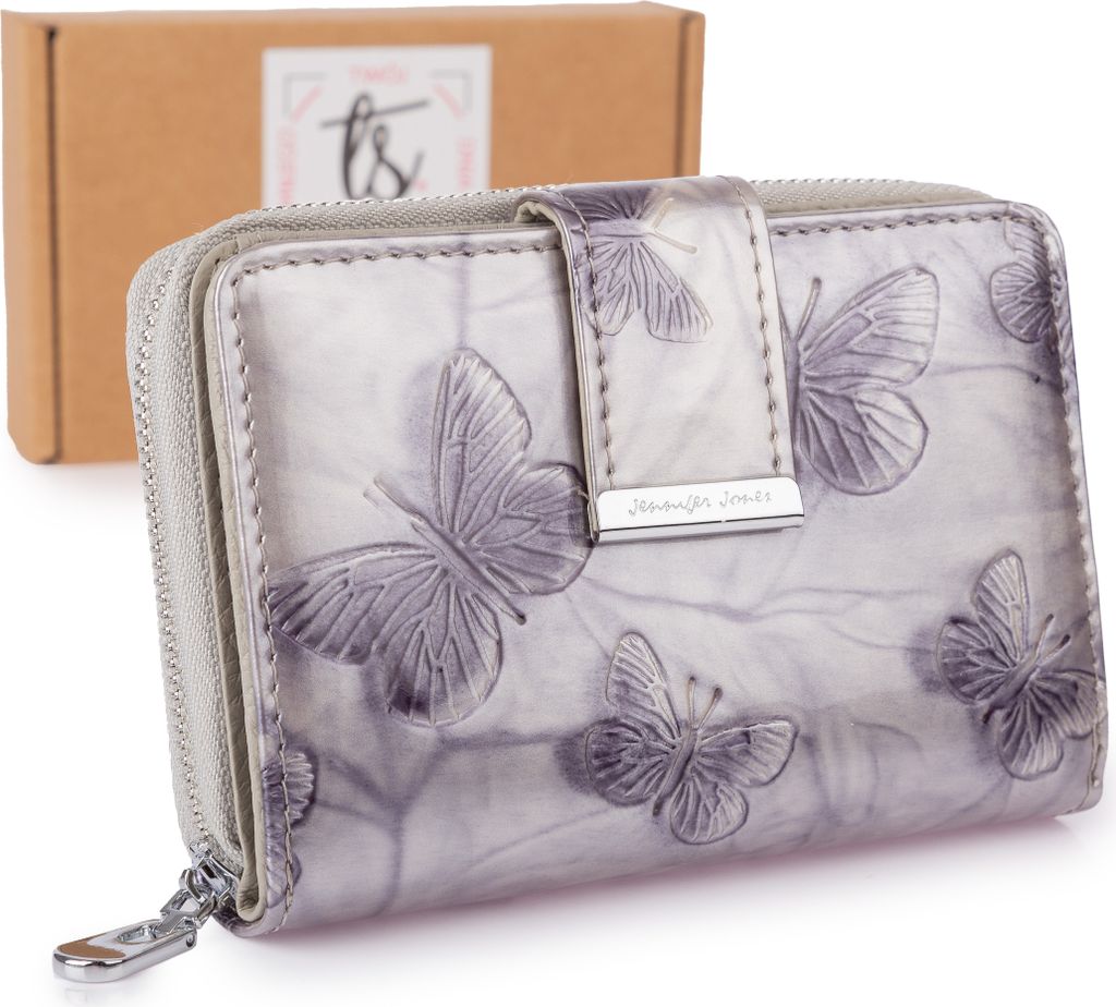 Jennifer Jones Damen-Portemonnaie, echtes Leder, Schmetterlingsprägung, RFID-Schutz mit Geschenkbox, Silber