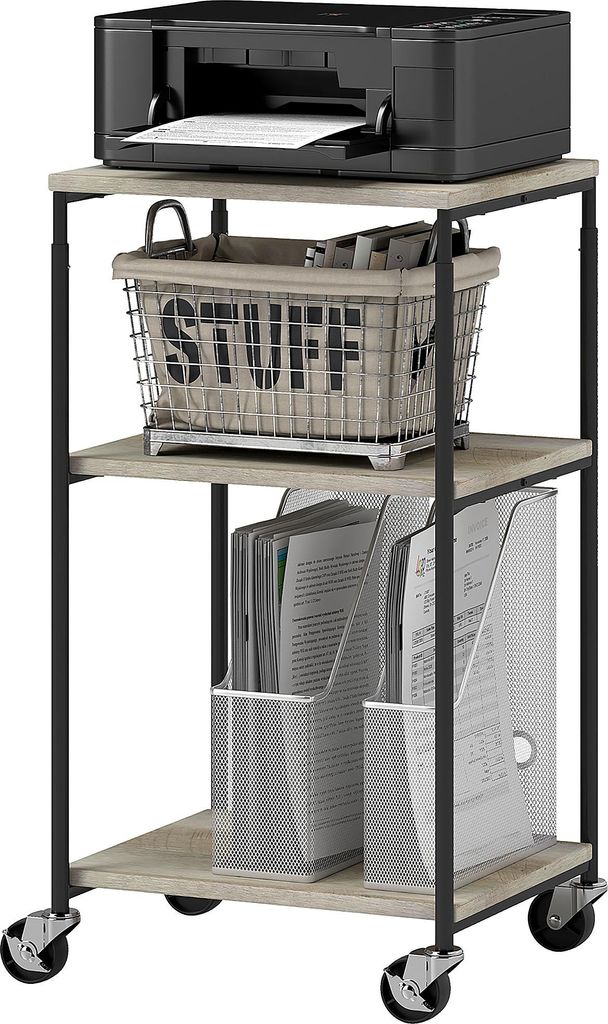 Höhenverstellbarer Druckerständer mit 3 Ebenen auf Rollen - Mobiler Schreibtisch aus Metall & Holz für Homeoffice