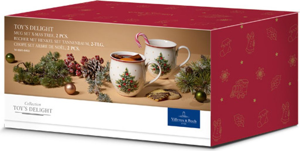 A product box for a Villeroy & Boch Toy's Delight mug set, featuring Christmas-themed decorations and imagery.