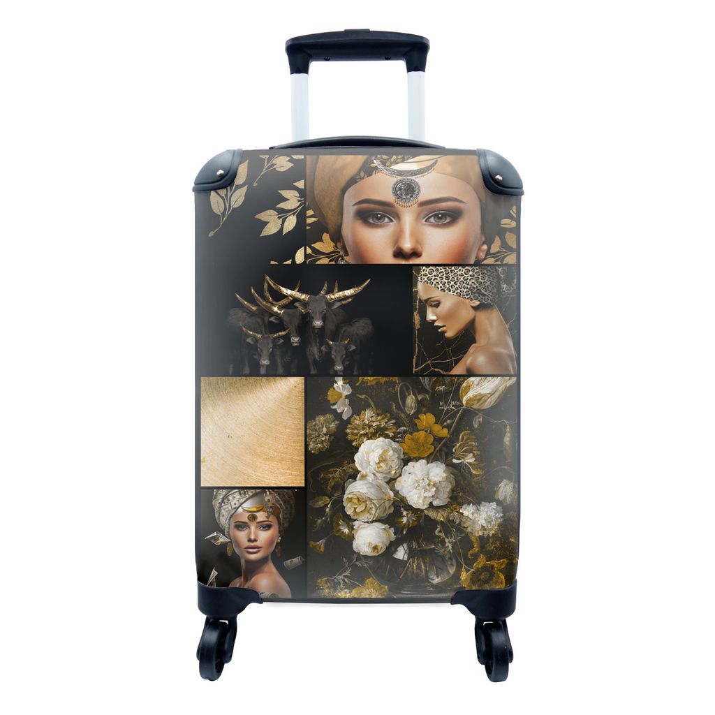 MuchoWow Koffer Handgepäck Trolley Rollkoffer Kleine Reisekoffer mit 4 Rollen - Schwarz - Gold - Frauen - Glitter - Cabin Size < 55x40x23 cm & 5...