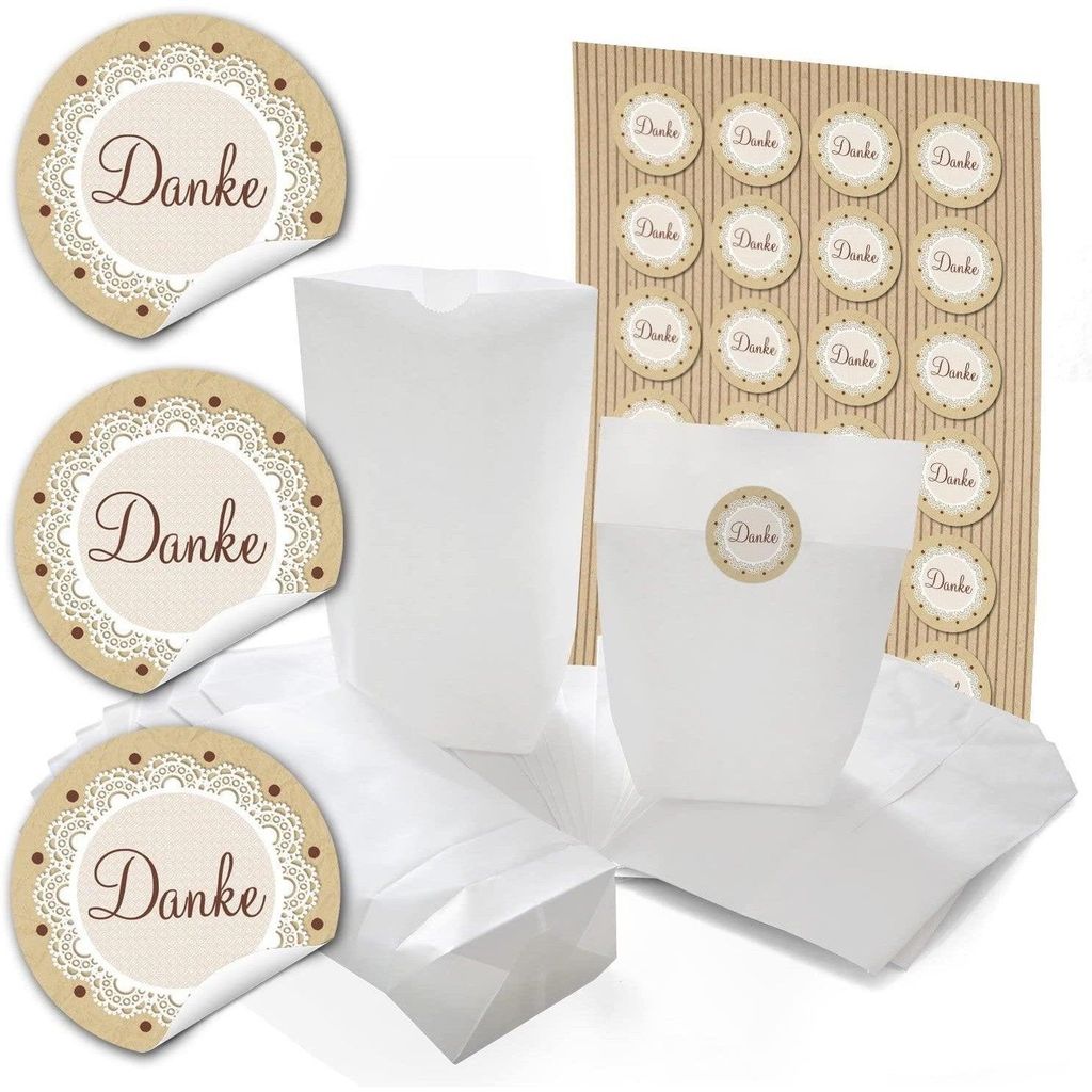 24 kleine weiße Papiertüten mit Boden Papier-Beutel Papiertüten Geschenktüten 14 x 22 x 5,6 cm + 24 runde Aufkleber Sticker DANKE mit 3 Herzen ...