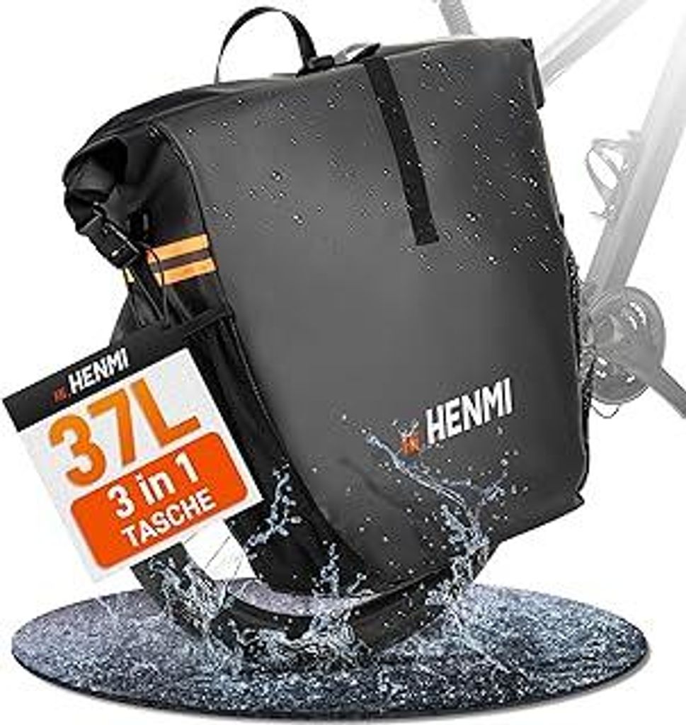 HENMI Fahrradtasche für Gepäckträger, 37L Wasserdicht Fahrrad Gepäckträgertasche mit Reflektoren, 3 IN 1 Fahrrad Taschen Hinten mit Tragegriff...