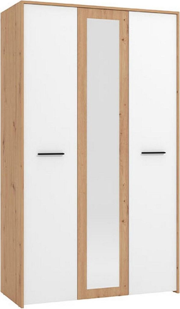 Dmora Kleiderschrank 3 Türen Lavagno 119x53 cm Weiß Eiche Knoten, Garderobe 5 Regalböden