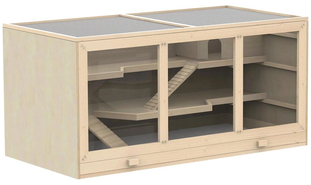 Kleintierkäfig - Hamsterkäfig aus Holz - Für Zwerghamster und Nager - 3 Ebenen - Mit Treppen und Rampen - Innenbereich Nager-Villa