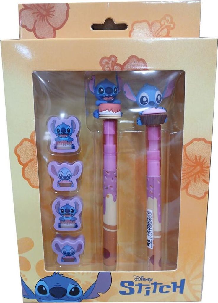 Stitch-Set mit Stift, Bleistift und 4 Radiergummis für Kinder