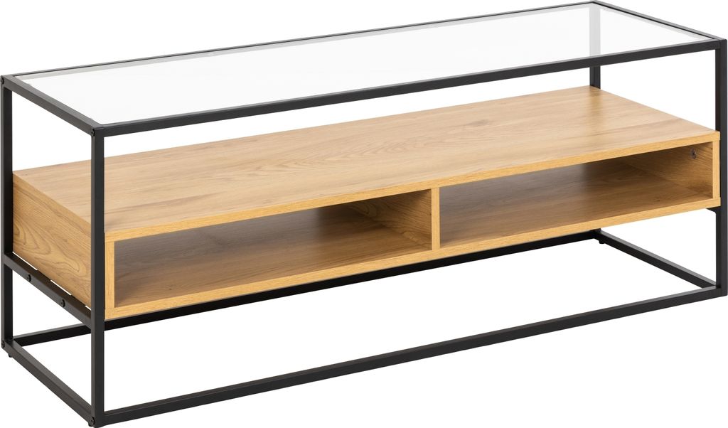 TV-Regal >Randolf< in Wildeiche, schwarz, Glas, Stahl, MDF - 120x45x40cm (BxHxT)