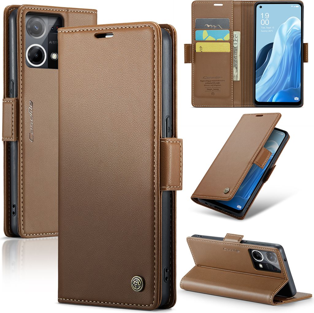 Oppo Reno8 4G Hülle, Leder Brieftasche Kartenfach Schutzhülle mit Standfunktion für Oppo Reno8 4G Braun